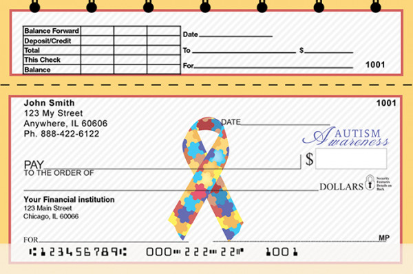 Autism Awareness Ribbon Top Stub Personal Checks | TSRIB-07